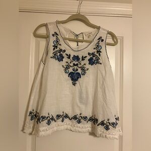 Max Studio White Tank Top with Blue Embroidery